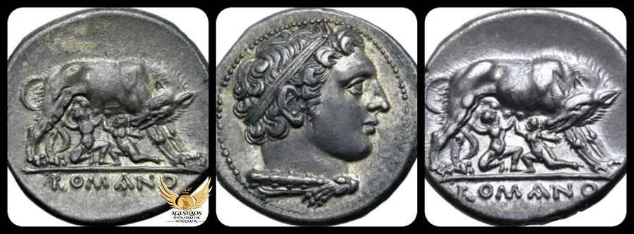 Bu türün izleri Roma Cumhuriyet döneminin en eski sikkelerine kadar uzanmaktadır; MÖ 264-255 civarına tarihlenen gümüş didrahma kategorisindeki antik sikkeler [bkz.alttaki sikke]; ön yüzünde genç Herkül'ü, arka yüzünde ise dişi kurt tarafından emzirilen ikizler Romulus ve Remus'u tasvir etmektedir.