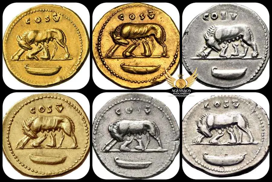 Roma İmpratoru Domitianus, Roma'nın kuruluş efsanesini ilk kez altın bir sikkenin ana motifi olarak yerleştirmiştir [Farklı birkaç roma imparatoru tarafından da benimsenmiştir. Örn. Hadrianus'un Aureus kategorisindeki altın sikkesi]